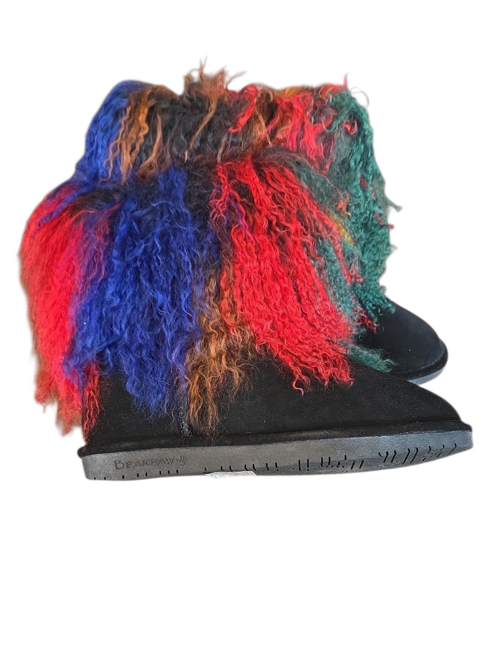 Bearpaw Size 11 Women's New Black Suede Ankle Boots With Red, Blue & Green Fur